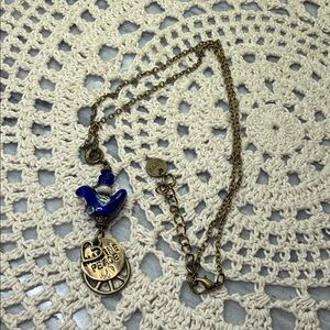 Blue glass bird and bronze Peace Pendant Necklace